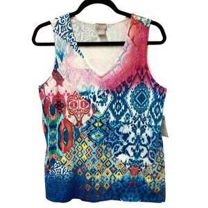 Chico's Lightweight Knit Tank Top, Size 1 (Medium), Multicolor Ikat Print, NEW‎